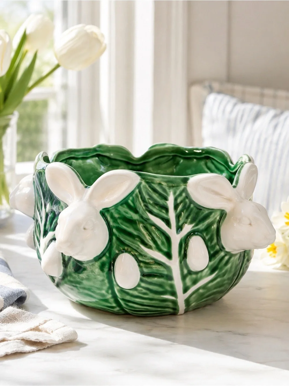 Vintage Maxcera Cabbages Bunny Planter | Green Ceramic Rabbit Cachepot